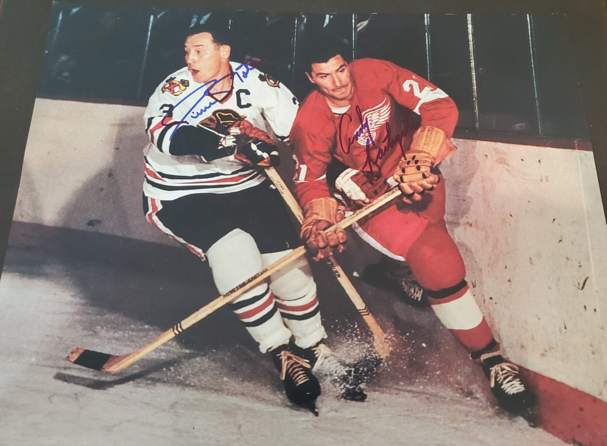 Autographed PIERRE PILOTE  Blackhawks & ANDY BATHGATE Red Wings11X14 Photo