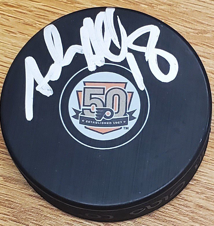 Autographed ADAM HALL Philadelphia Flyers 50th Anniversary Hockey Puck