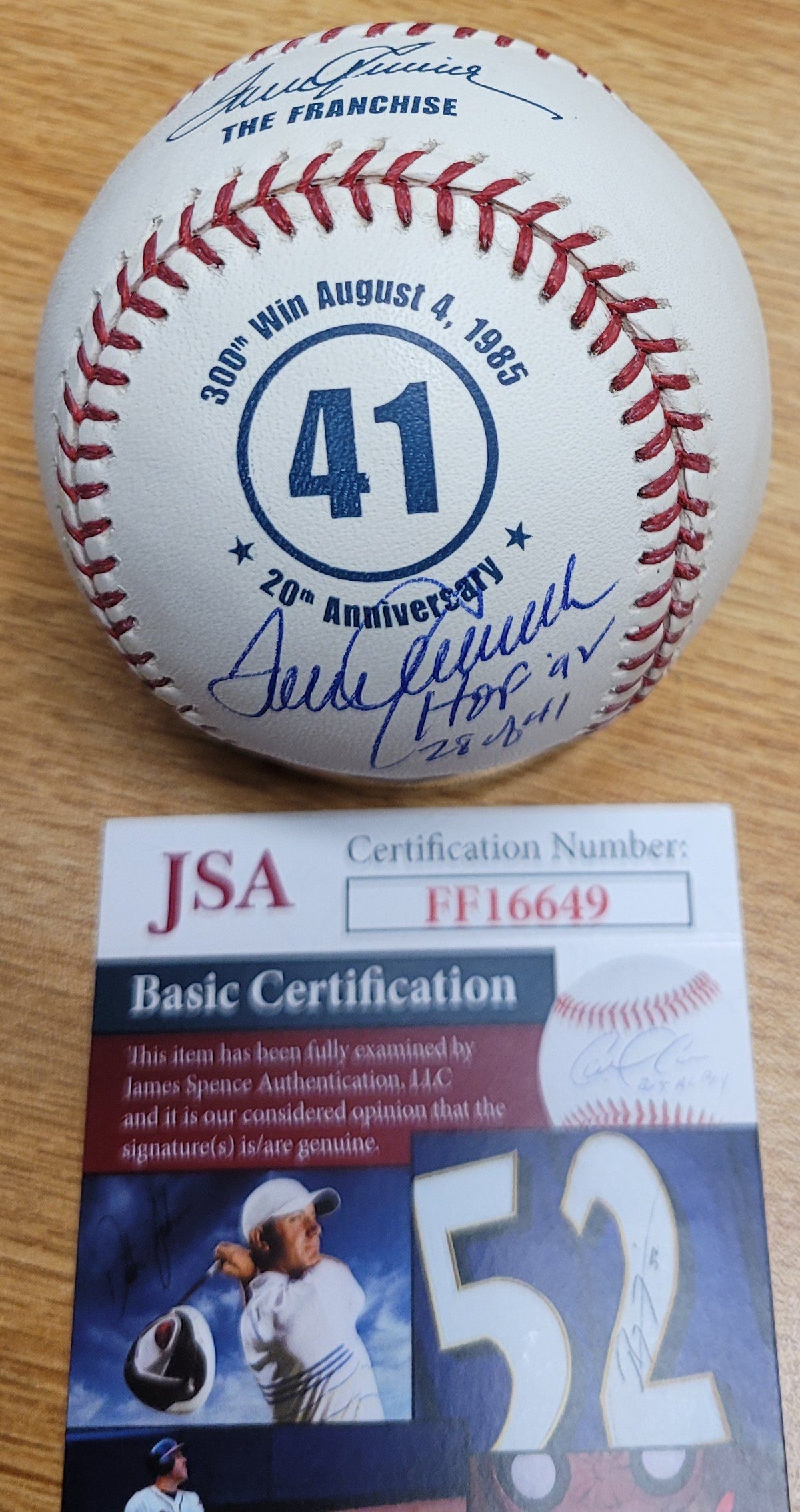 Autographed Tom Seaver "HoF '92" Seaver 300 Win #41 20 Anniv. Baseball JSA COA
