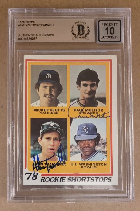 Autographed 1978 Paul Molitor & Alan Trammell Topps Rookie Card #707 BAS Beckett Slabbed Auto 10s