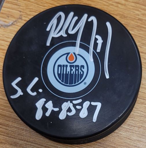 Autographed PAUL COFFEY "84,85,87" Edmonton Oilers Stanley Cup Hockey Puck