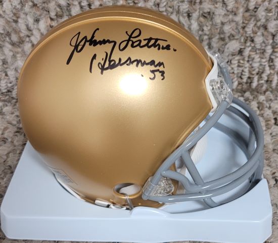 Autographed Johnny Lattner "Heisman 1953" University of Notre Dame mini helmet