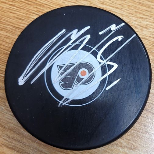 Autographed CARSEN TWARYNSKI Philadelphia Flyers Hockey Puck