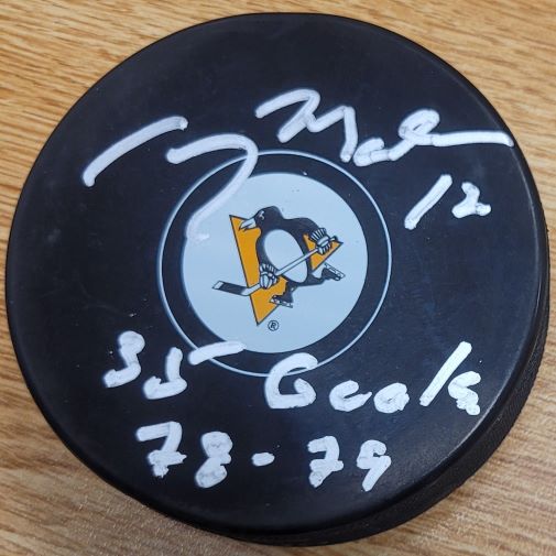 Autographed GREG MALONE "35 Goals 78-79" Pittsburgh Penguins Hockey Puck