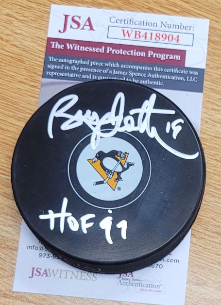Autographed BRYAN TROTTIER "HOF 97" Pittsburgh Penguins Hockey Puck JSA Witness