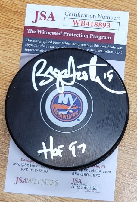 Autographed BRYAN TROTTIER "HOF 97"New York Islanders Hockey Puck JSA Witness