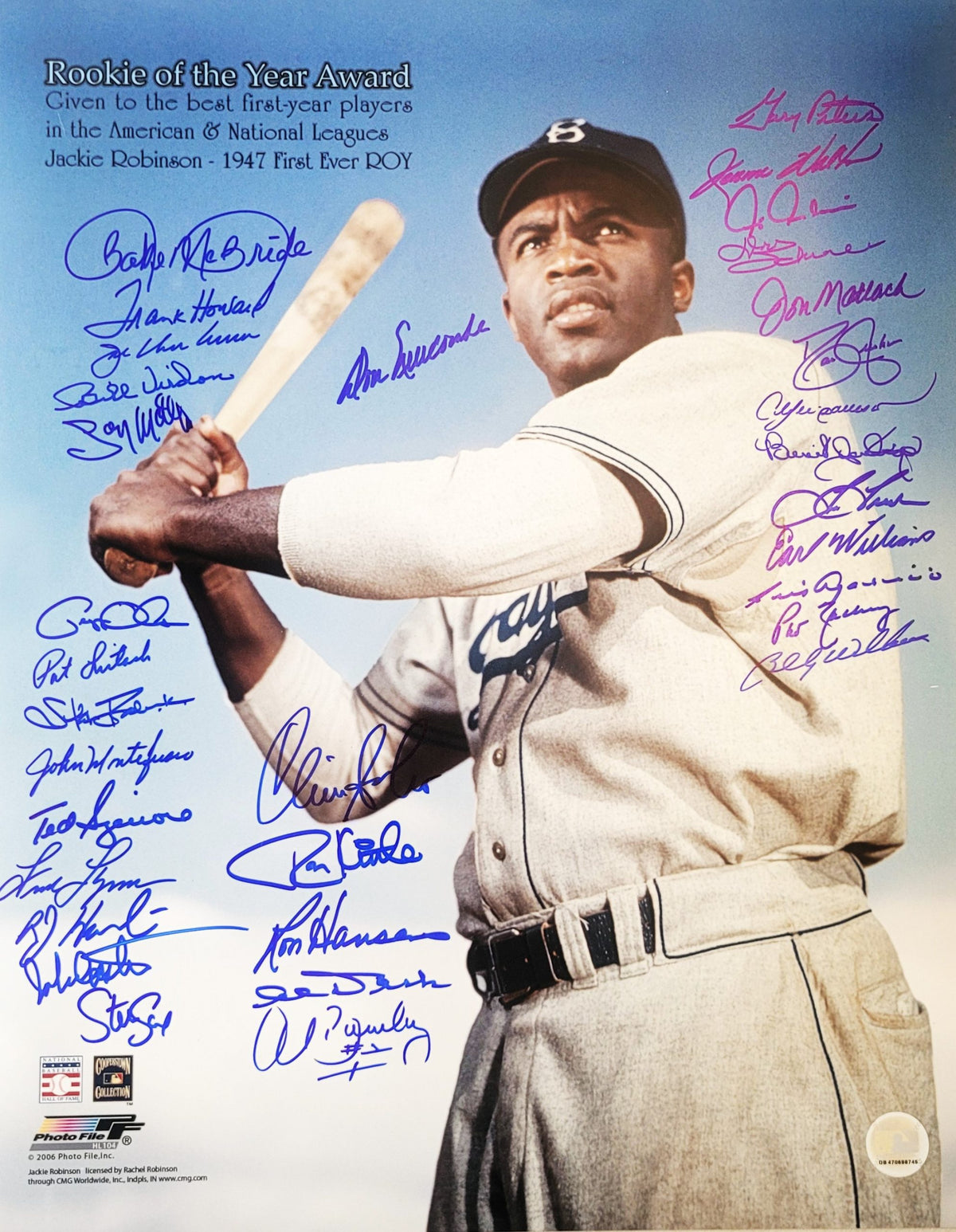 Jackie Robinson 16x20 Photo With 33 Rookie of the Year Signatures including 3 Hall of Famers