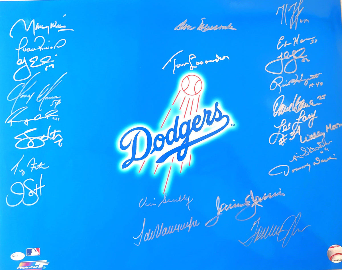 DODGERS LOGO 16x20 Photo 23 Signatures including Vin Scully, Tom LaSorda, Fernando Valenzuela