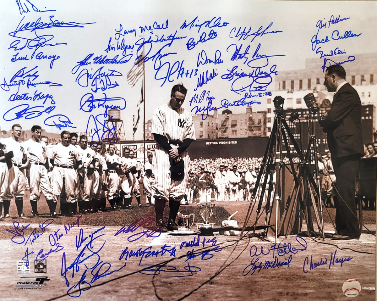 LOU GEHRIG DAY 16x20 Photo 49 Signatures including Bouton, R Davis, Wetteland etc.