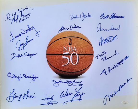 Autographed NBA TOP 5016x20 photo w/ Abdul-Jabbar, Magic, Baylor, West, DR. J, 12 Others JSA