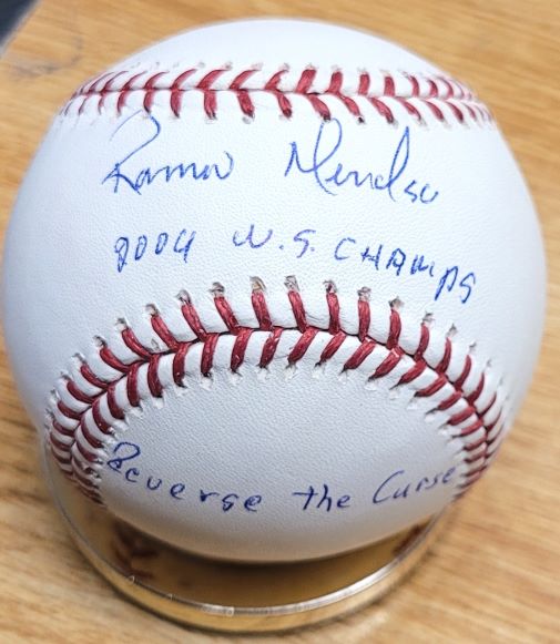 Autographed RAMIRO MENDOZA "2004 WS Champs, Reverse the Curse" Official Major League Baseball