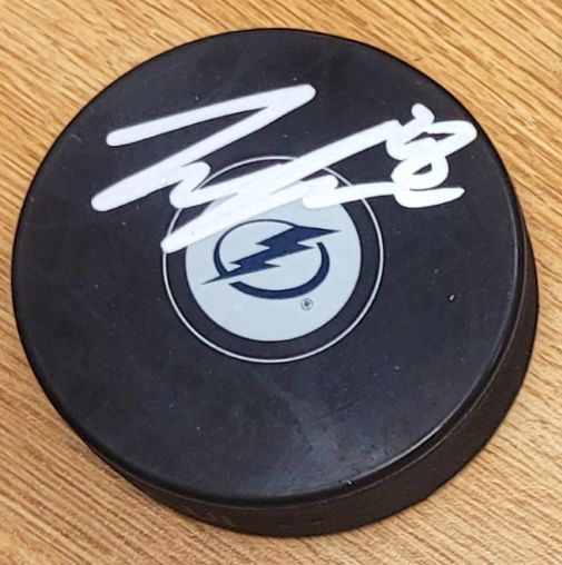 AUTOGRAPHED ZEMGUS GIRGENSONS Tampa Bay Lightning Hockey Puck