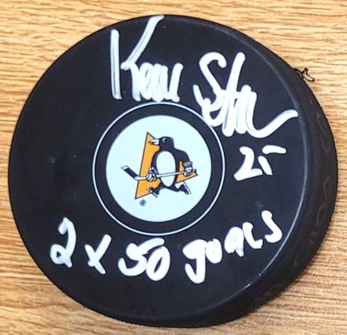 Autographed KEVIN STEVENS "2x 50 Goals" Pittsburgh Penguins Hockey Puck