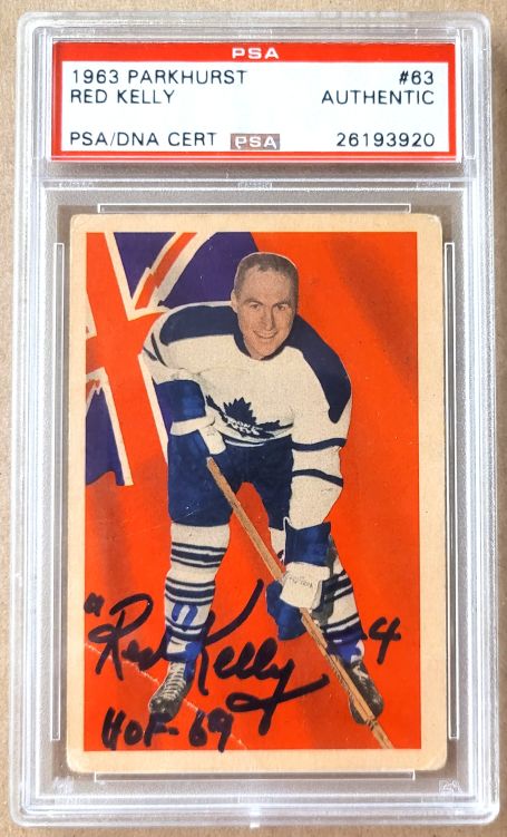 Autographed 1963-64 Parkhurst RED KELLY Toronto Maple Leafs  Card #63 PSA Slabbed