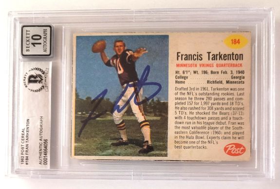 Autographed FRAN TARKENTON Minnesota Vikings 1962 Post Cereal Card #184 Beckett BAS Slabbed 10