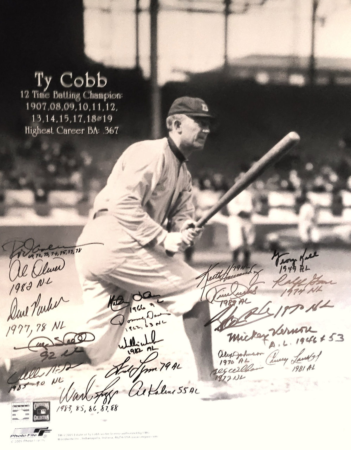Ty Cobb 16x20 Photo Signed by 20 Batting Leaders including Puckett and Carew