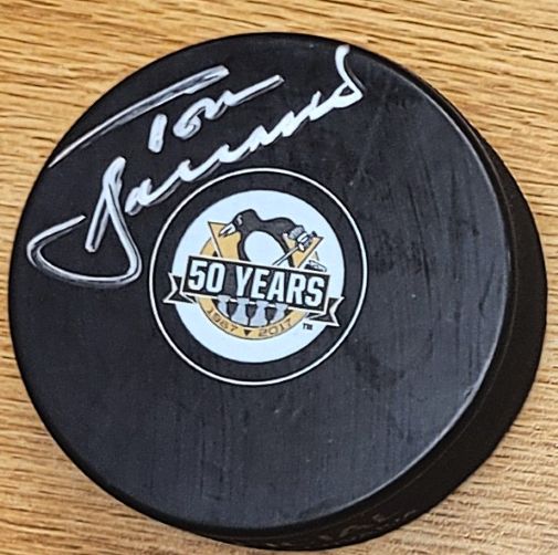 Autographed TOM BARRASSO Pittsburgh Penguins 50th Anniversary Hockey Puck