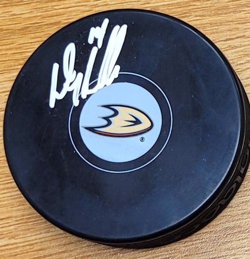 Autographed DREW HELLESON Anaheim Ducks Hockey Puck