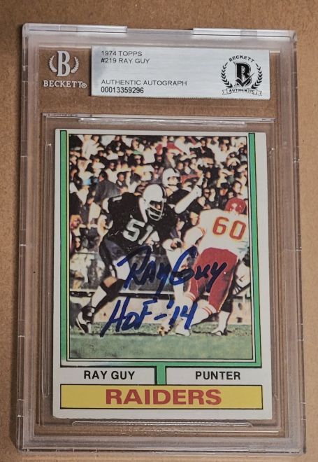 Autographed RAY GUY Oakland Raiders 1974 Topps Rookie Card #219 BAS Beckett Slabbed