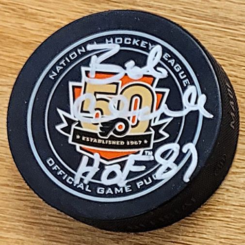 Autographed BOBBY CLARKE "HOF 87" Philadelphia Flyers 50th Anniversary Game Hockey Puck