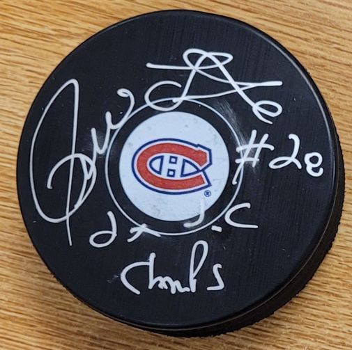 Autographed PIERRE LAROUCHE "2X SC Champs" Montreal Canadiens Hockey Puck