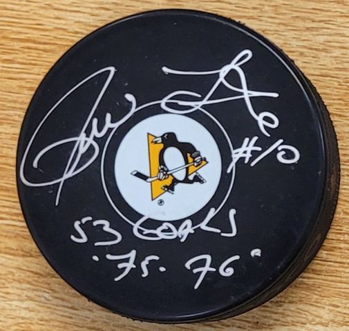 Autographed PIERRE LAROUCHE "53 Goals 75-76" Pittsburgh Penguins Hockey Puck