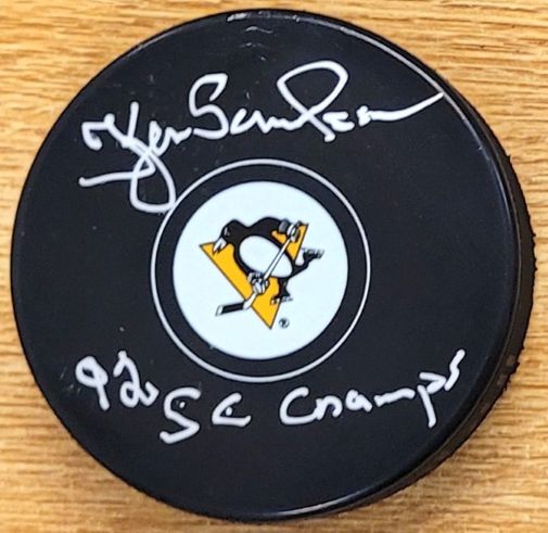 Autographed KJELL SAMUELSSON "92 SC Champs" Pittsburgh Penguins Hockey Puck