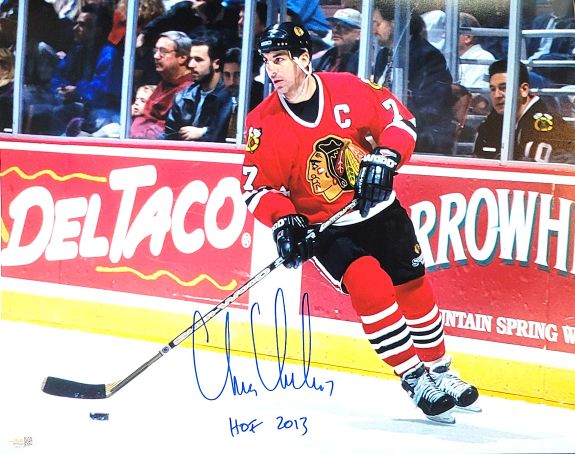 Autographed CHRIS CHELIOS "HOF 2013" 16x20 Chicago Blackhawks Photo JSA