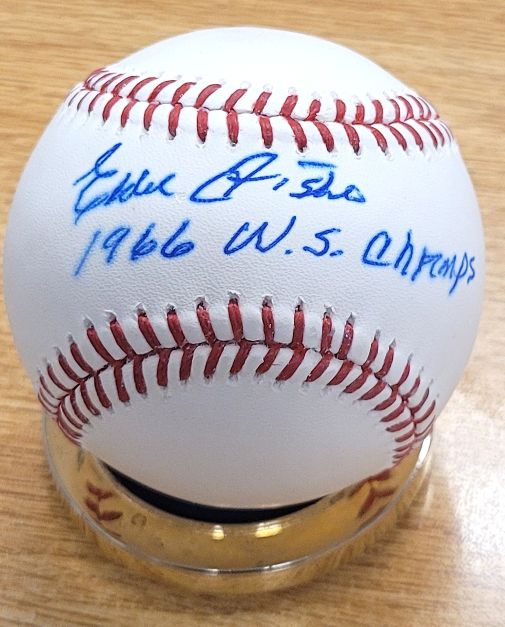 Autographed Eddie Fisher "1966 WS Champs" Official Rawlings Major League Baseball