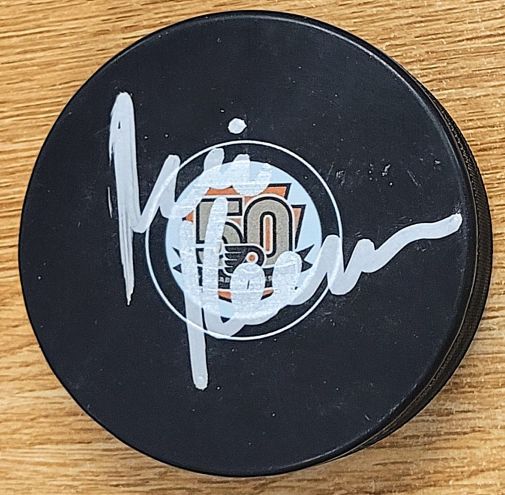 Autographed MIKE KEENAN Philadelphia Flyers 50th Anniversary Hockey Puck