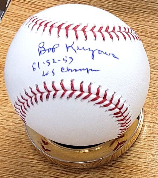 Autographed Bob Kuzava "51,52,53 WS Champs" Rawlings Official Major League Baseball