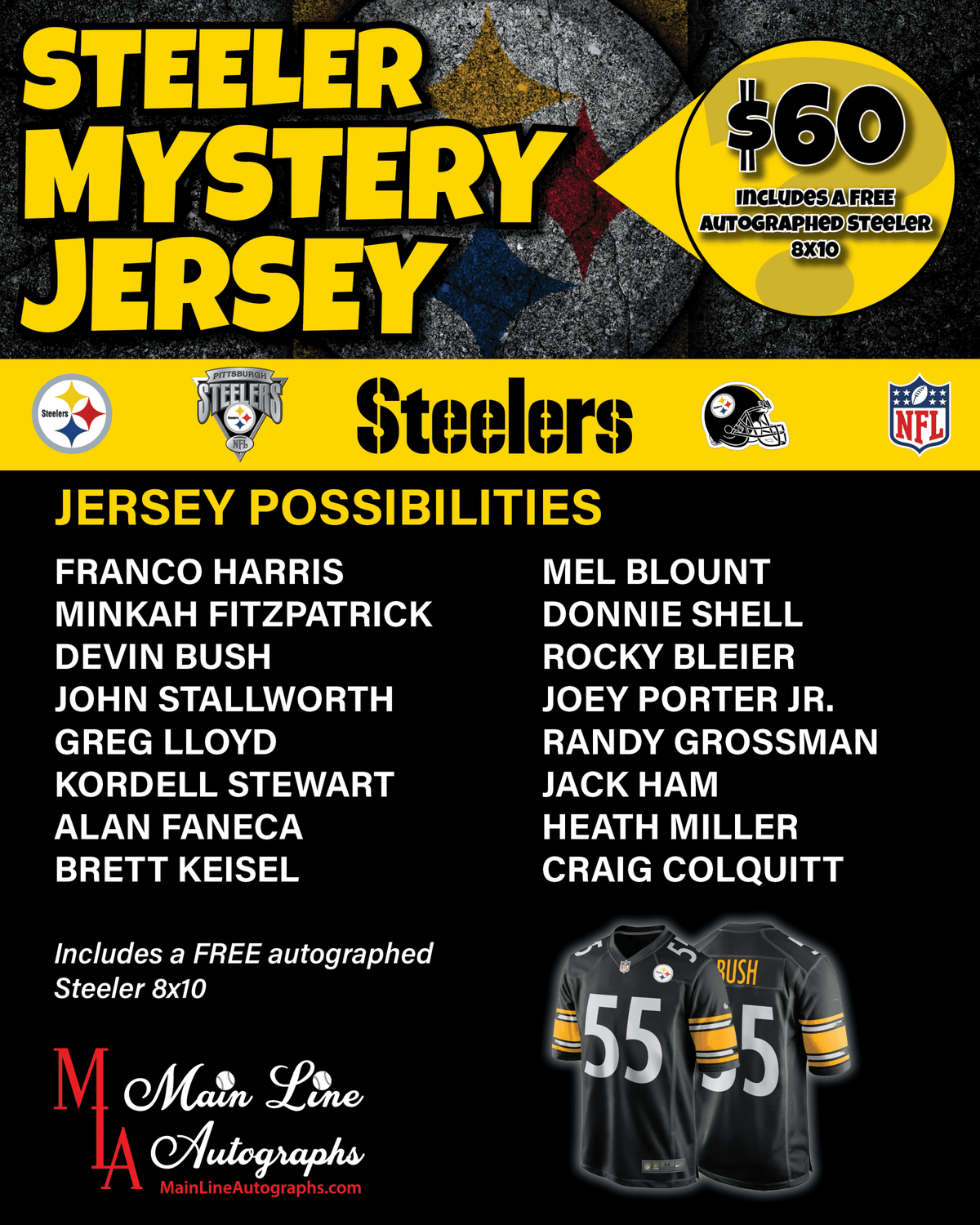 Autographed Custom Steeler Mystery Jersey Box Plus FREE Signed Steeler 8x10