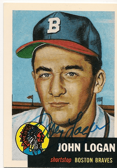 Autographed JOHNNY LOGAN 1953 Topps REPRINT Card
