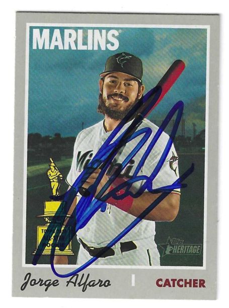 Autographed JORGE ALFARO Miami Marlins 2019 Topps Heritage Card