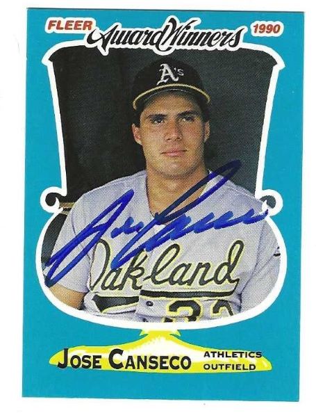 Autographed JOSE CANSECO Oakland A's 1990 Fleer Award Winners Card