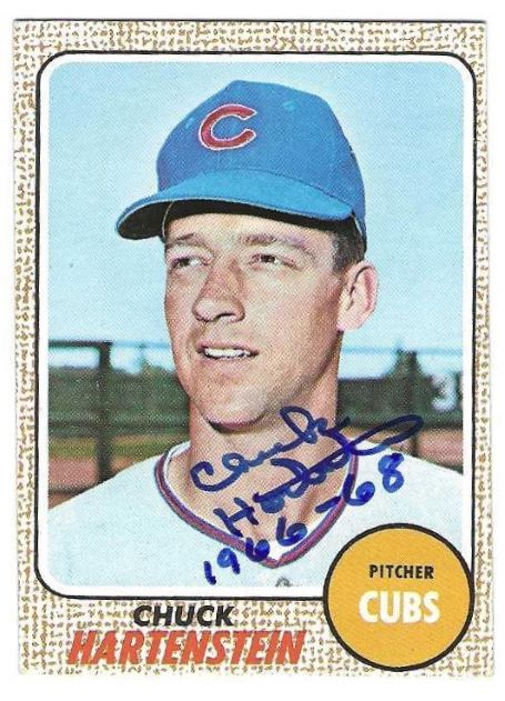 Autographed CHUCK HARTENSTINE Chicago Cubs 1968 Topps Card