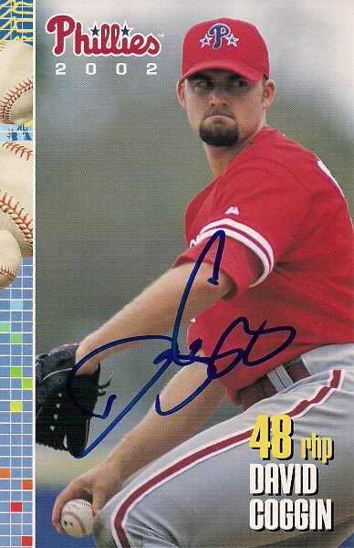 Autographed DAVID COGGIN 2002 Phillies Post card