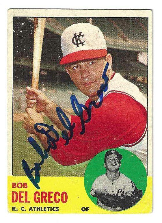 Autographed BOB DEL GRECO Kansas City A's 1963 Topps Card
