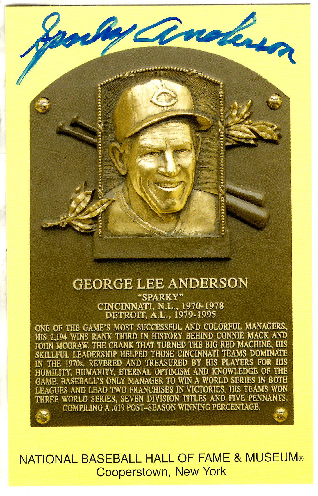 Sparky Anderson Hall of Fame Gold Plaque