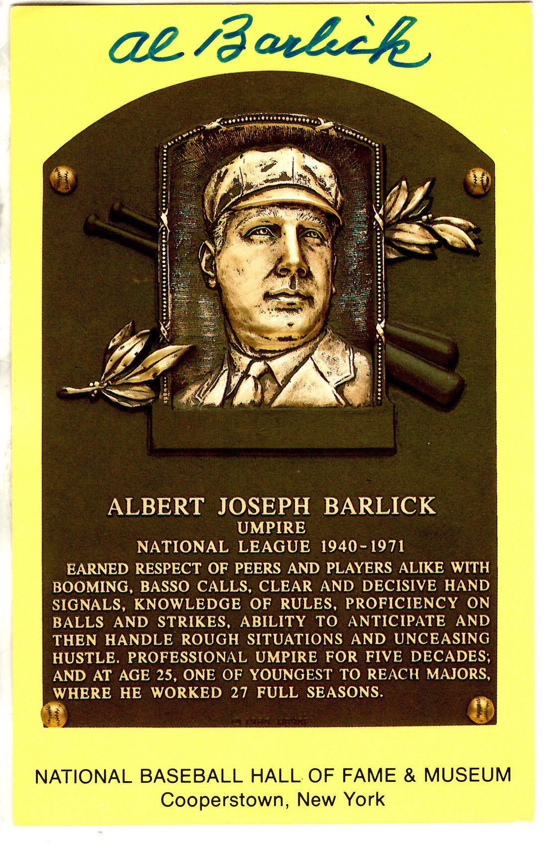 Al Barlick Hall of Fame Gold Plaque