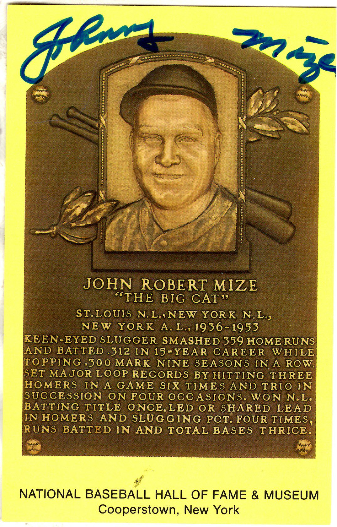 Johnny Mize Hall of Fame Gold Plaque