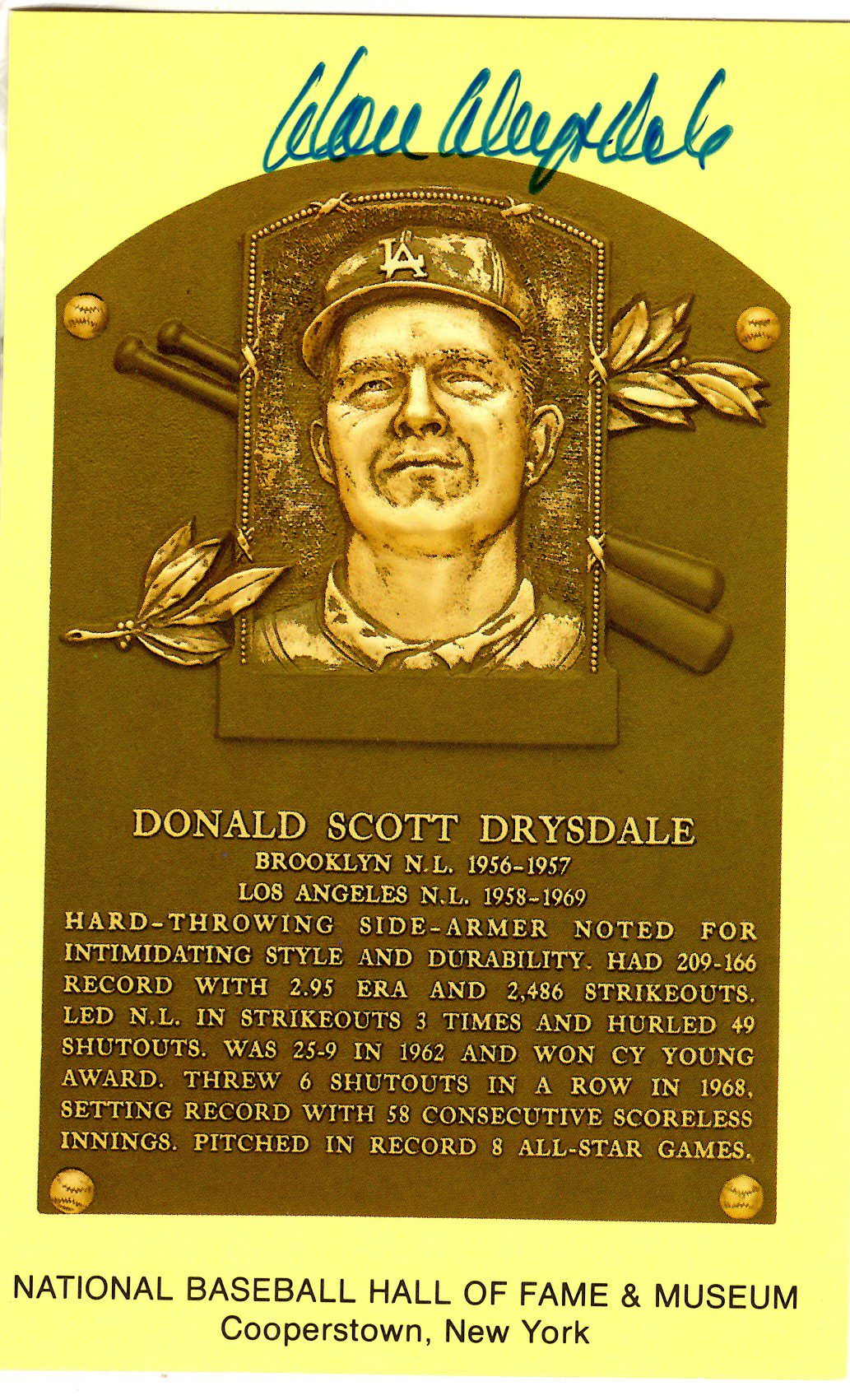 Don Drysdale  Hall of Fame Gold Plaque