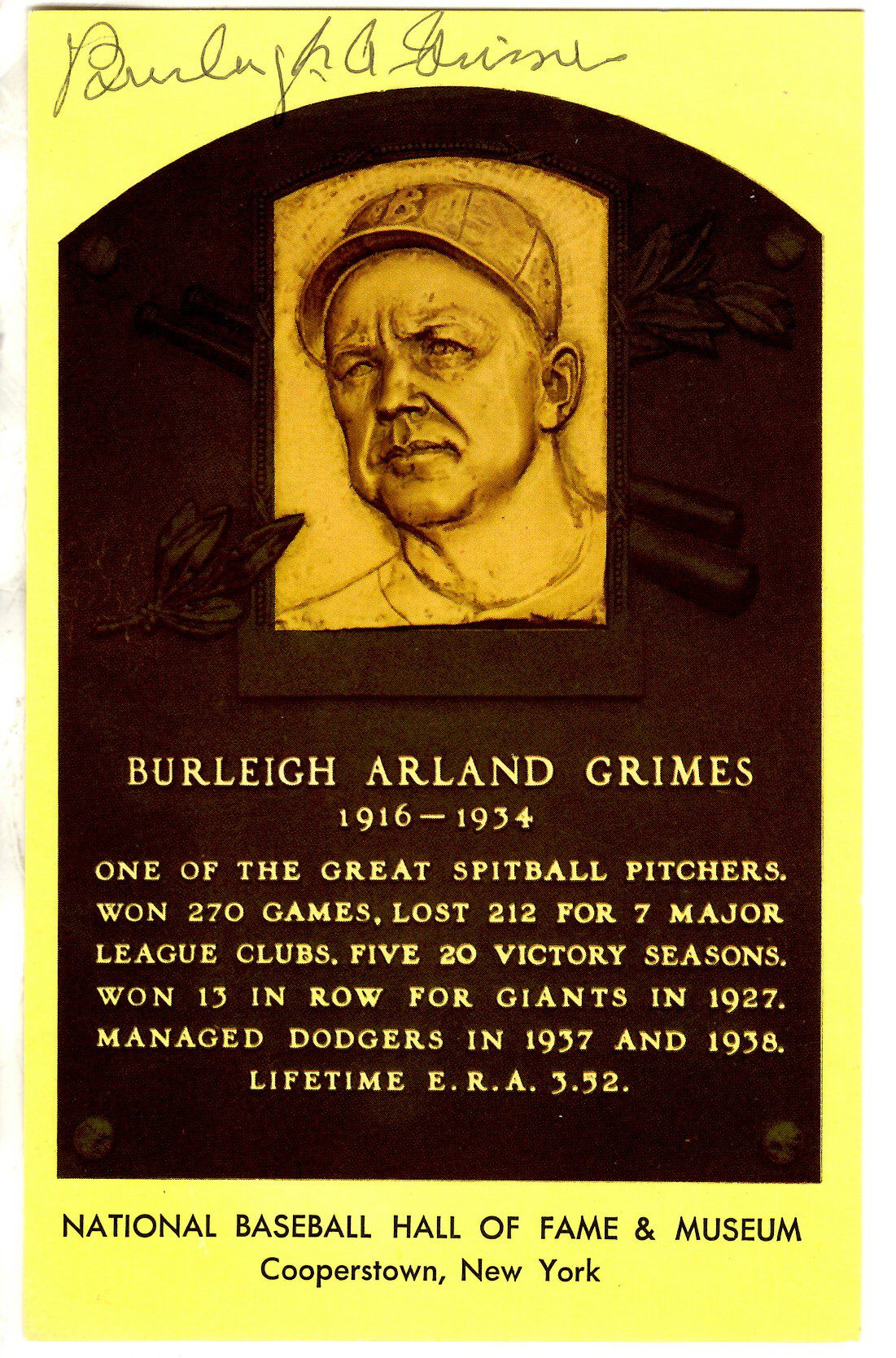 Burleigh Grimes Hall of Fame Gold Plaque