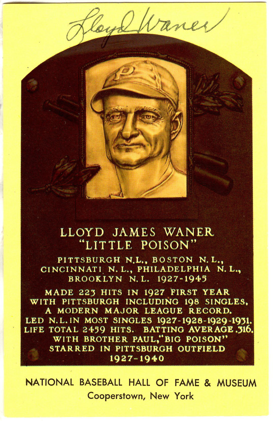 Autographed Lloyd Waner Hall of Fame Gold Plaque Postcard
