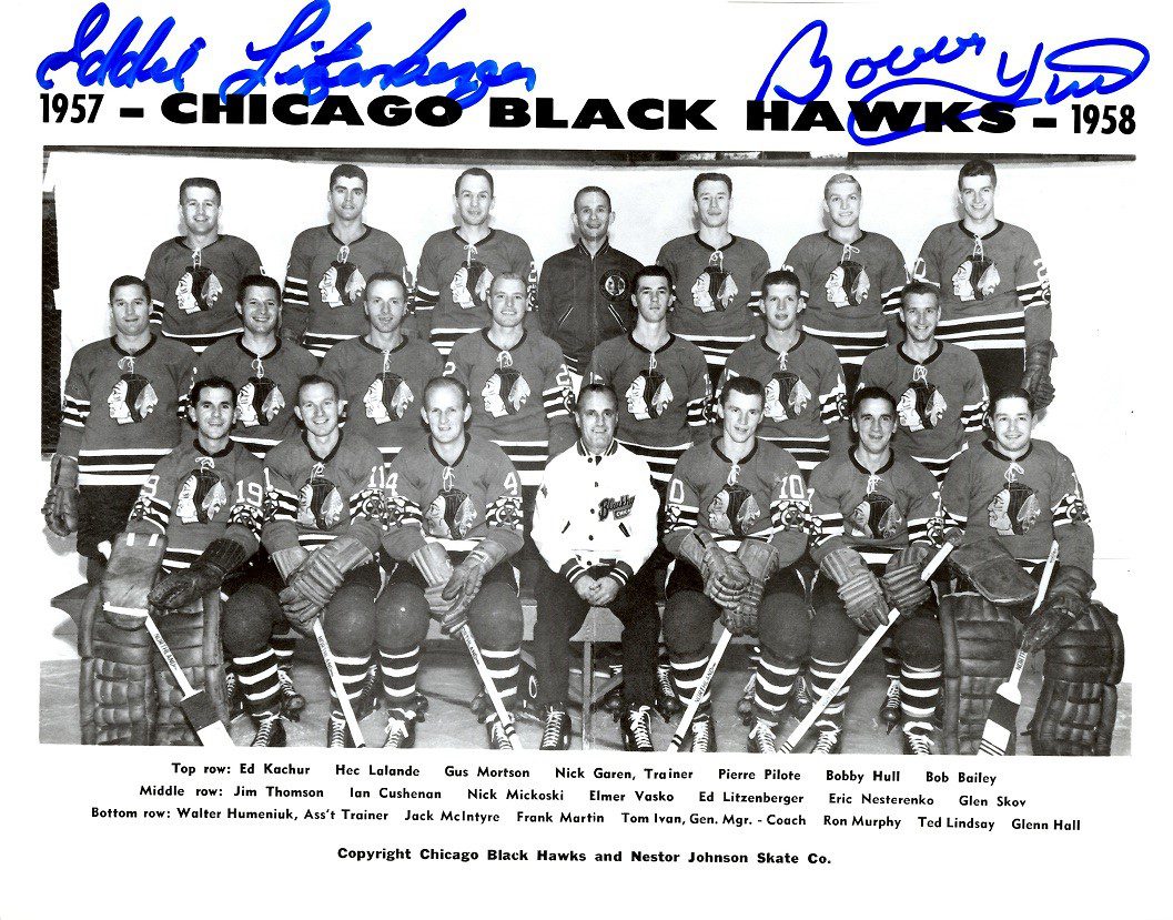 Autographed BOBBY HULL & EDDIE LITZENBERGER 8X10 Chicago Blackhawks Photo