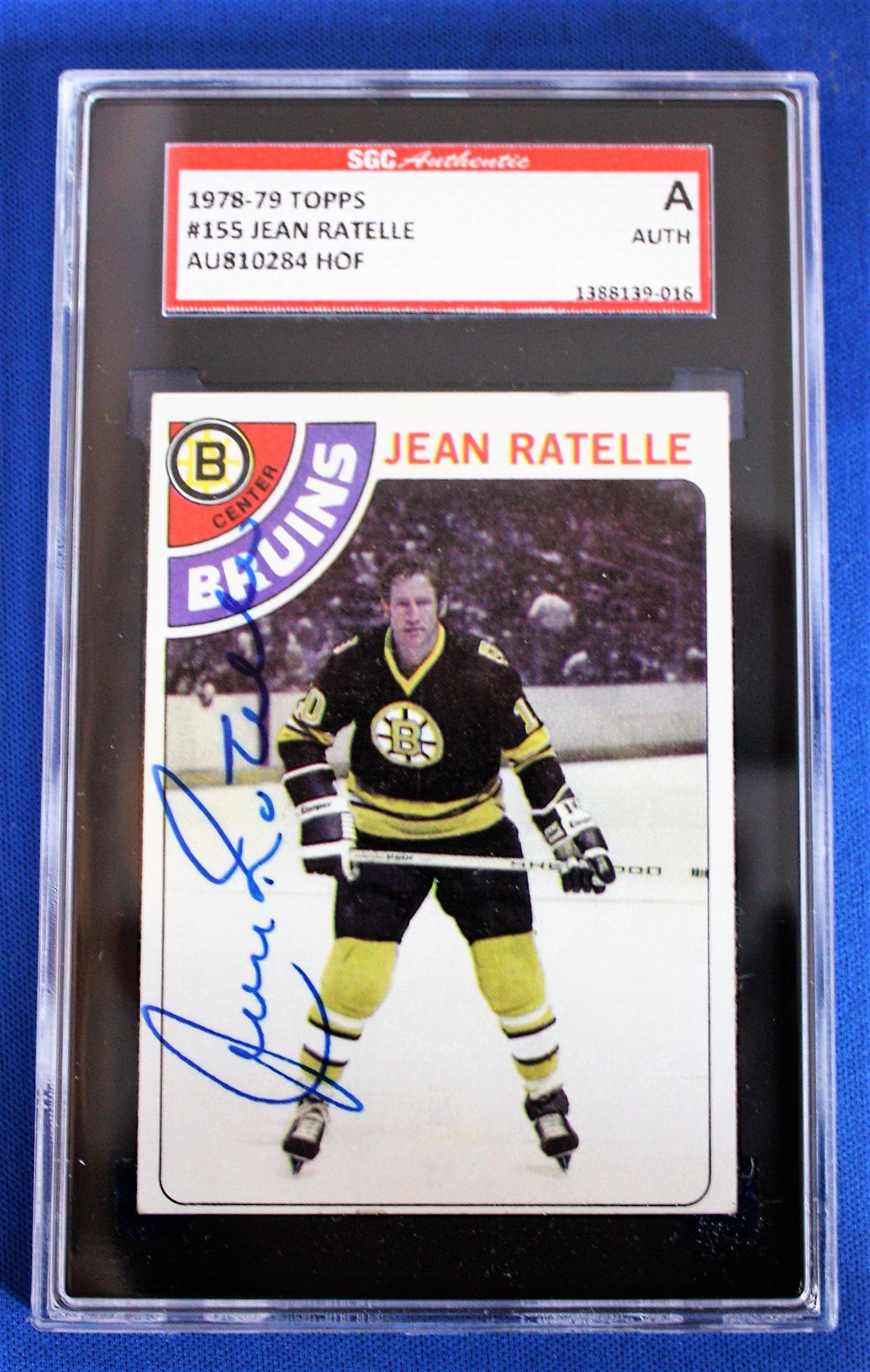 Autographed Jean Ratelle 1978-79 Topps Hockey Card Bruins #155 SGC Slabbed