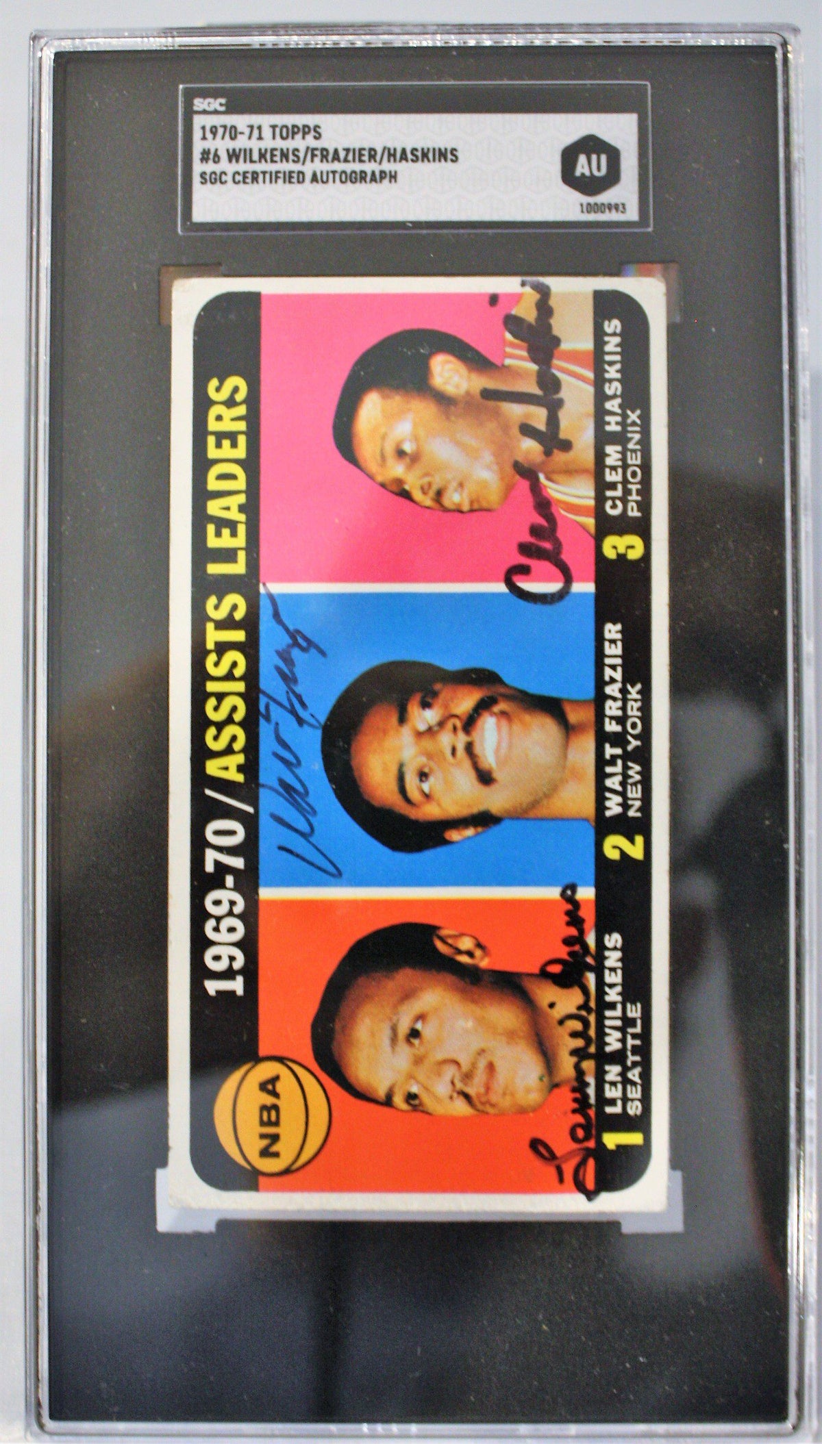Autographed Walt Frazier, Lenny Wilkens, Clem Haskins 1970-71 Topps Basketball Card #6 SGC Slabbed