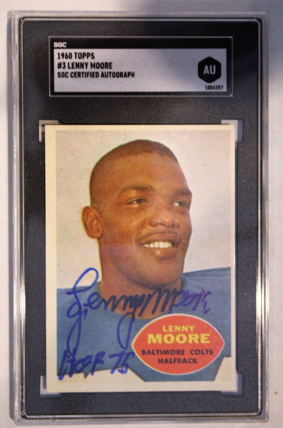 Autographed Lenny Moore 1960 Topps Card, #3 SGC Slabbed