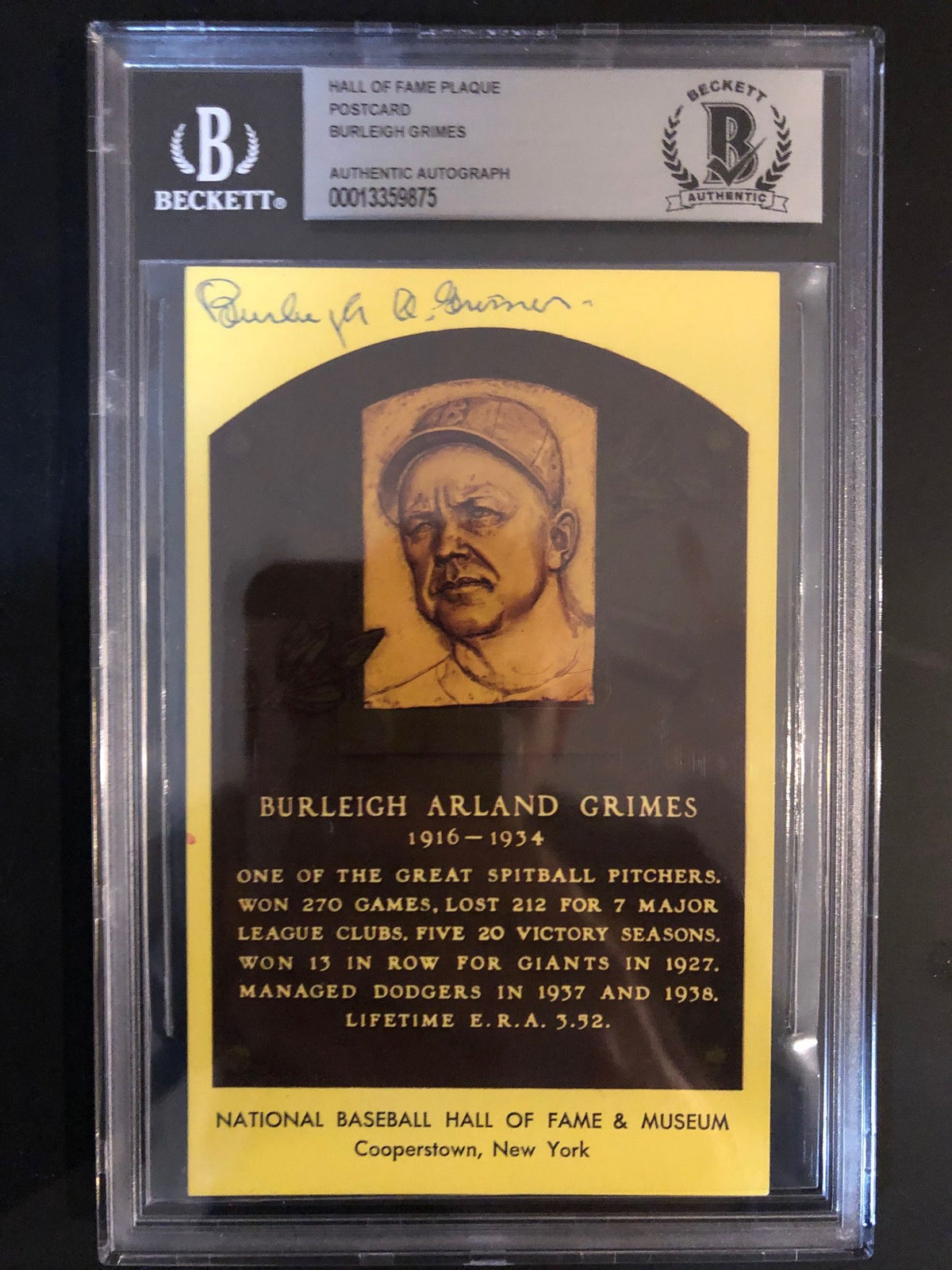 Autographed Burleigh Grimes Hall of Fame Gold Plaque Beckett Slabbed