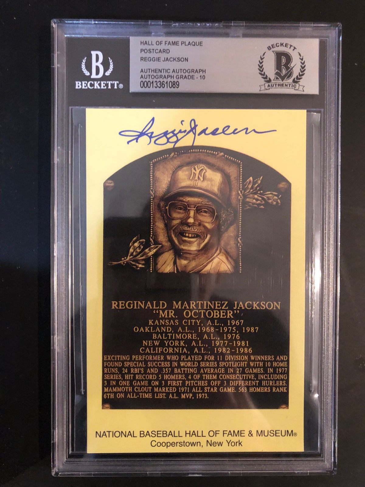 Autographed Reggie Jackson Hall of Fame Gold Plaque Beckett Slabbed
